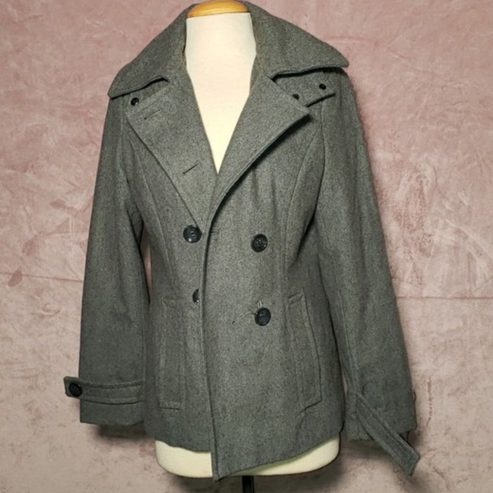 Calvin Klein Womens Grey Button Down Wool Winter Long Sleeve Hood Peacoat Size 4